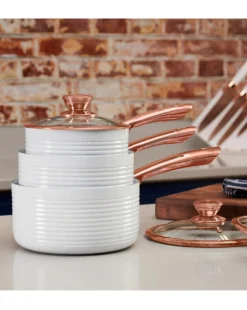 Tower Linear White & Rose Gold 3 Piece Saucepan Set -Home Furnishings Store p01dh056502c