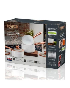 Tower Linear White & Rose Gold 3 Piece Saucepan Set -Home Furnishings Store p01dh056504c